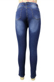 Blue Fashion Casual Solid Basic Plus Size Jeans