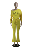 Yellow Casual Print Letter One Shoulder Boot Cut Jumpsuits