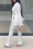 White Sexy Solid Patchwork Slit V Neck Long Sleeve Two Pieces