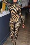 Gold Fashion Casual Print Basic Turtleneck Skinny Jumpsuits