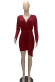 Color Blue Casual Solid Patchwork Fold Asymmetrical V Neck One Step Skirt Dresses