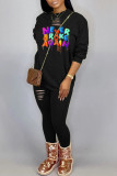 Pink Casual Print Ripped Patchwork O Neck Long Sleeve Two Pieces