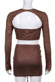 Brown Fashion Print Hollowed Out Patchwork Draw String O Neck Long Sleeve Two Pieces
