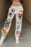 Grey Casual Street Print Patchwork Loose High Waist Straight Positioning Print Bottoms