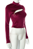 Burgundy Sexy Solid Patchwork Half A Turtleneck Tops