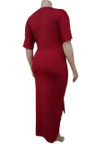 Burgundy Sexy Solid Patchwork Asymmetrical V Neck Straight Plus Size Dresses