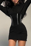 Black Sexy Solid Patchwork Hooded Collar Pencil Skirt Dresses
