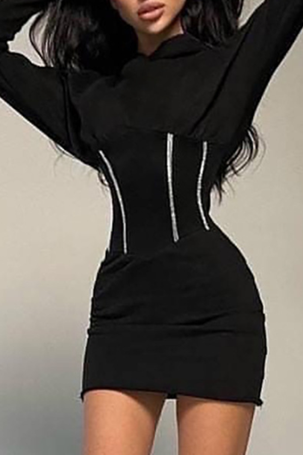 Black Sexy Solid Patchwork Hooded Collar Pencil Skirt Dresses