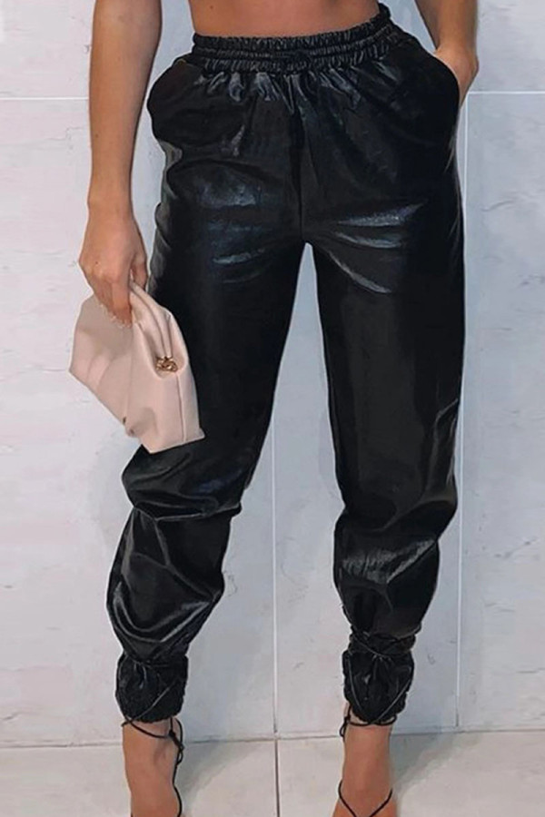 Black Fashion Casual Solid Basic Regular High Waist Trousers