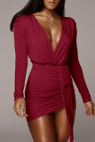 Color Blue Casual Solid Patchwork Fold Asymmetrical V Neck One Step Skirt Dresses