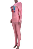 Pink Casual Print Ripped Patchwork O Neck Long Sleeve Two Pieces