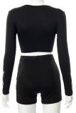 Black Sexy Print Patchwork Knotted V Neck Long Sleeve Two Pieces