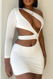 White Sexy Solid Patchwork One Shoulder Pencil Skirt Dresses