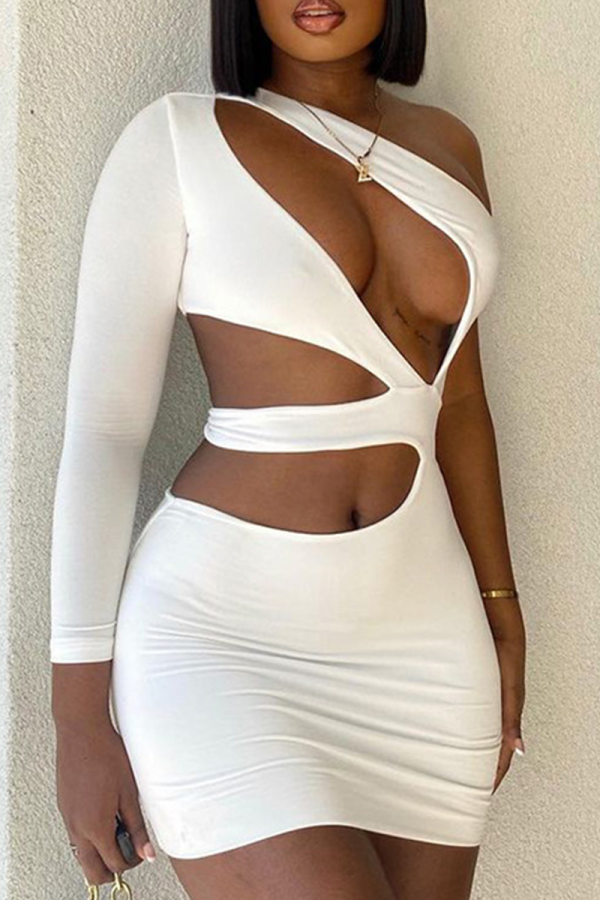 White Sexy Solid Patchwork One Shoulder Pencil Skirt Dresses