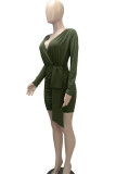 Color Blue Casual Solid Patchwork Fold Asymmetrical V Neck One Step Skirt Dresses
