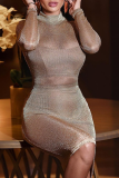 Apricot Sexy Solid See-through O Neck Pencil Skirt Dresses