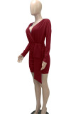 Color Blue Casual Solid Patchwork Fold Asymmetrical V Neck One Step Skirt Dresses