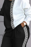 Black White Casual Print Patchwork O Neck Long Sleeve Two Pieces