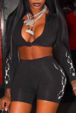Black Sexy Print Patchwork Knotted V Neck Long Sleeve Two Pieces
