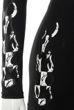 Black Sexy Print Patchwork Knotted V Neck Long Sleeve Two Pieces