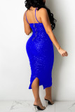 Apricot Sexy Solid Sequins Split Joint Backless Fold Spaghetti Strap One Step Skirt Dresses