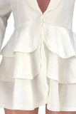 White Casual Solid Patchwork Flounce Turn-back Collar Outerwear