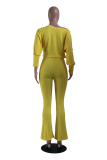 Yellow Casual Print Letter One Shoulder Boot Cut Jumpsuits