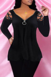 Black Fashion Casual Solid Hollowed Out V Neck Tops