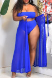 Blue Fashion Sexy Solid Bandage See-through Backless Swimwears Three-piece Set