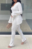 White Sexy Solid Patchwork Slit V Neck Long Sleeve Two Pieces
