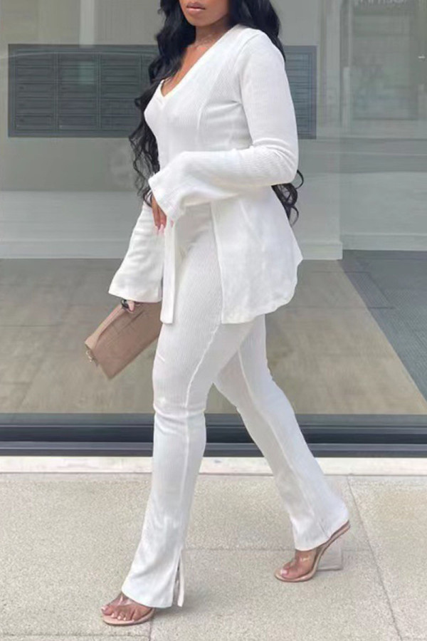 White Sexy Solid Patchwork Slit V Neck Long Sleeve Two Pieces
