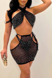 Black Sexy Hot Drilling Mesh Halter Sleeveless Two Pieces