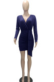 Color Blue Casual Solid Patchwork Fold Asymmetrical V Neck One Step Skirt Dresses