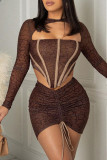 Brown Fashion Print Hollowed Out Patchwork Draw String O Neck Long Sleeve Two Pieces
