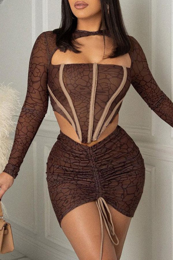 Brown Fashion Print Hollowed Out Patchwork Draw String O Neck Long Sleeve Two Pieces