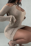 Light Coffee Sexy Solid Patchwork Halter Pencil Skirt Dresses