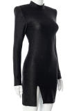 Black Sexy Solid Patchwork Half A Turtleneck Pencil Skirt Dresses