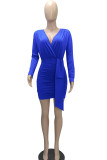 Color Blue Casual Solid Patchwork Fold Asymmetrical V Neck One Step Skirt Dresses