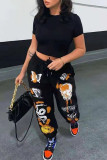 Grey Casual Street Print Patchwork Loose High Waist Straight Positioning Print Bottoms