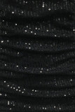 Black Sexy Solid Sequins Split Joint Backless Fold Spaghetti Strap One Step Skirt Dresses