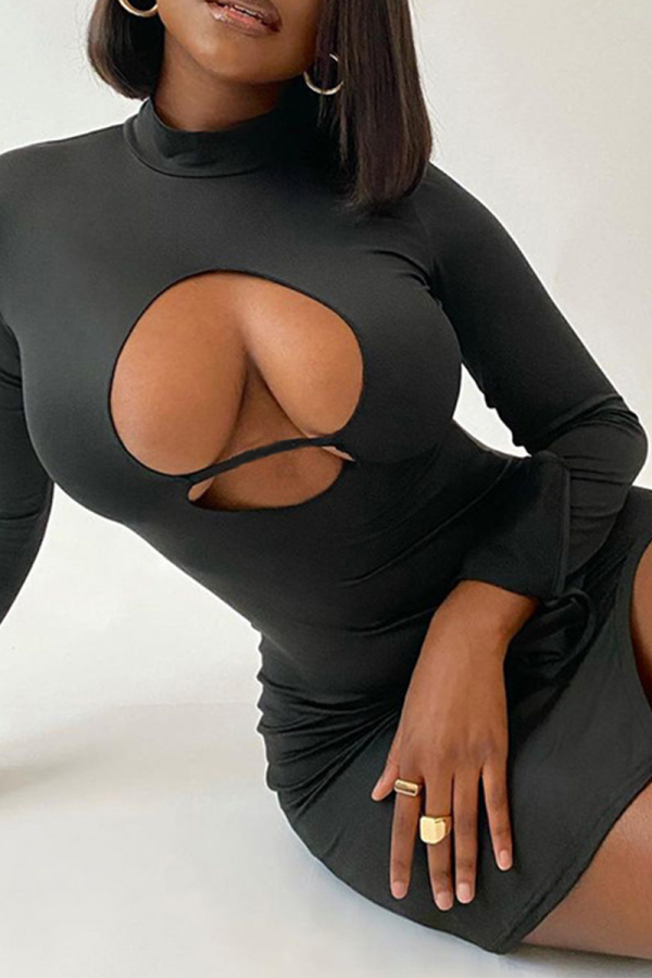 Black Sexy Solid Patchwork Half A Turtleneck Pencil Skirt Dresses