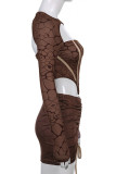 Brown Fashion Print Hollowed Out Patchwork Draw String O Neck Long Sleeve Two Pieces