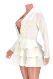 White Casual Solid Patchwork Flounce Turn-back Collar Outerwear