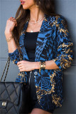 Blue Fashion Casual Print Cardigan Turndown Collar Outerwear