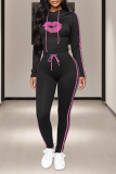 Pink Casual Print Patchwork Hooded Collar Long Sleeve Two Pieces