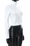 White Casual Solid Patchwork Turndown Collar Tops