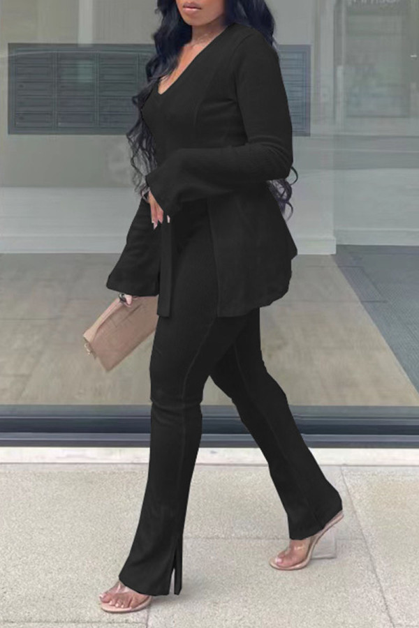Black Sexy Solid Patchwork Slit V Neck Long Sleeve Two Pieces
