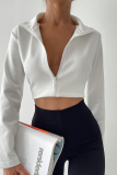 White Casual Solid Patchwork Turndown Collar Tops