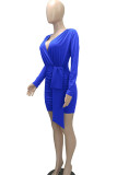 Color Blue Casual Solid Patchwork Fold Asymmetrical V Neck One Step Skirt Dresses