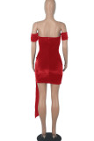 Red Sexy Solid Patchwork Fold Asymmetrical Off the Shoulder One Step Skirt Dresses